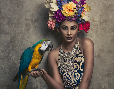 high fashion shoot with parrot